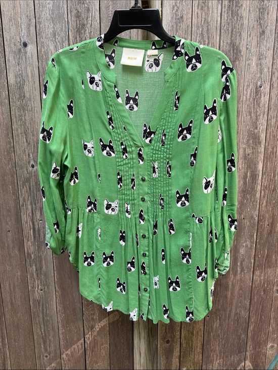 Maeve Tops - Maeve Anthropologie Green Boston or French Bulldog Print Blouse